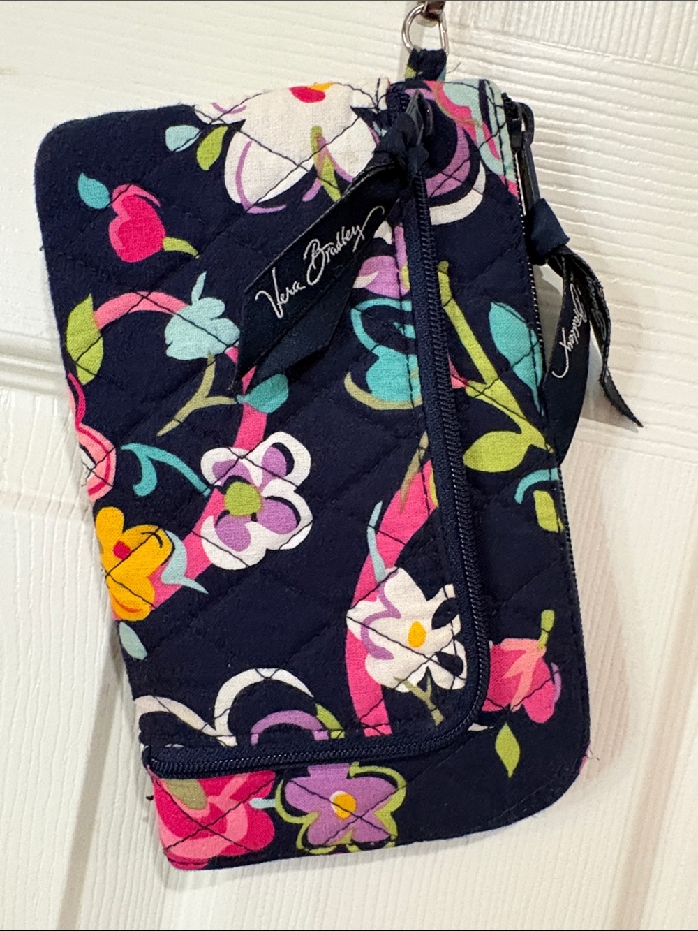 Vera Bradley Navy Floral Quilted Wrist Wallet with Multicolor Blossoms